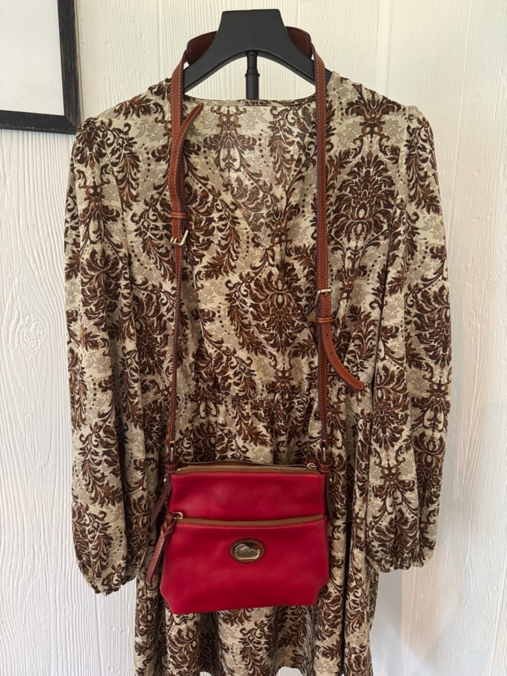 Red Leather Dooney & Bourke Crossbody Bag with Brown Leather Padded Strap